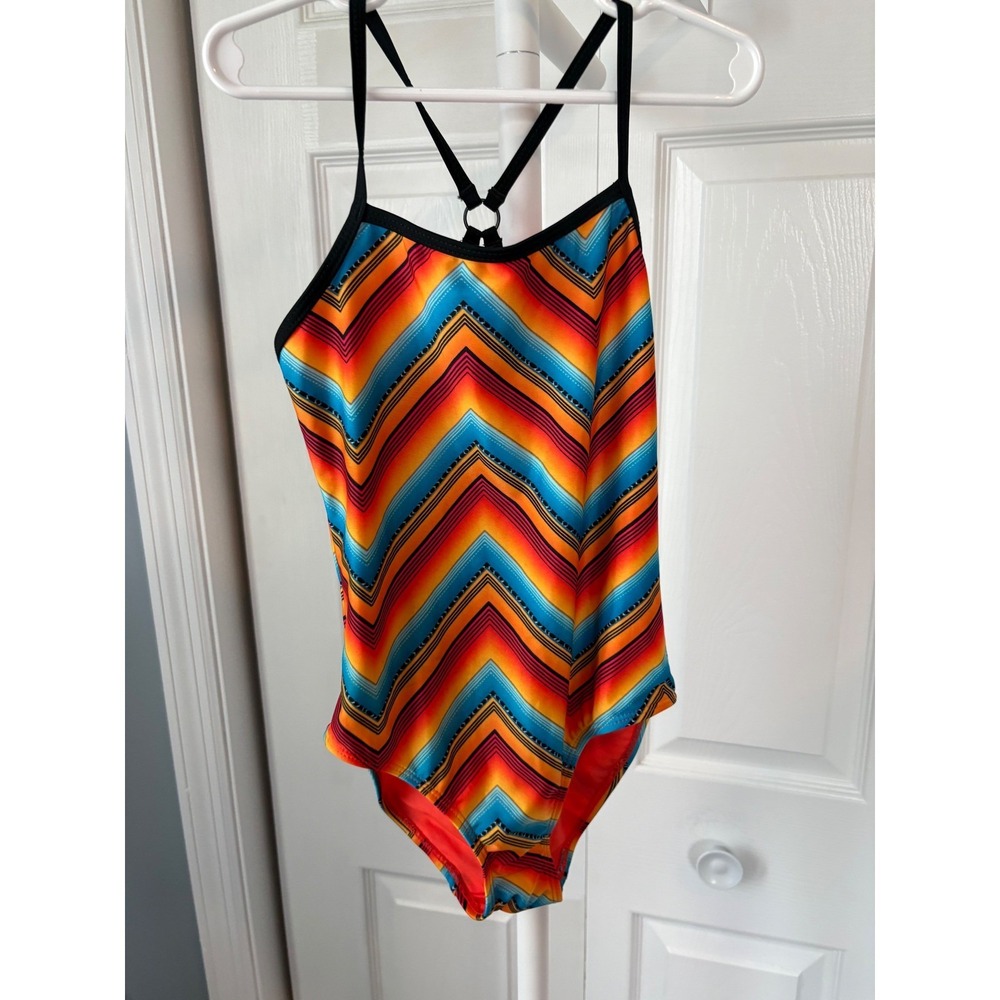 Sears Girls One Piece Swimsuit‎ Orange Multi Chevron Zig Zag Racerback Size 10